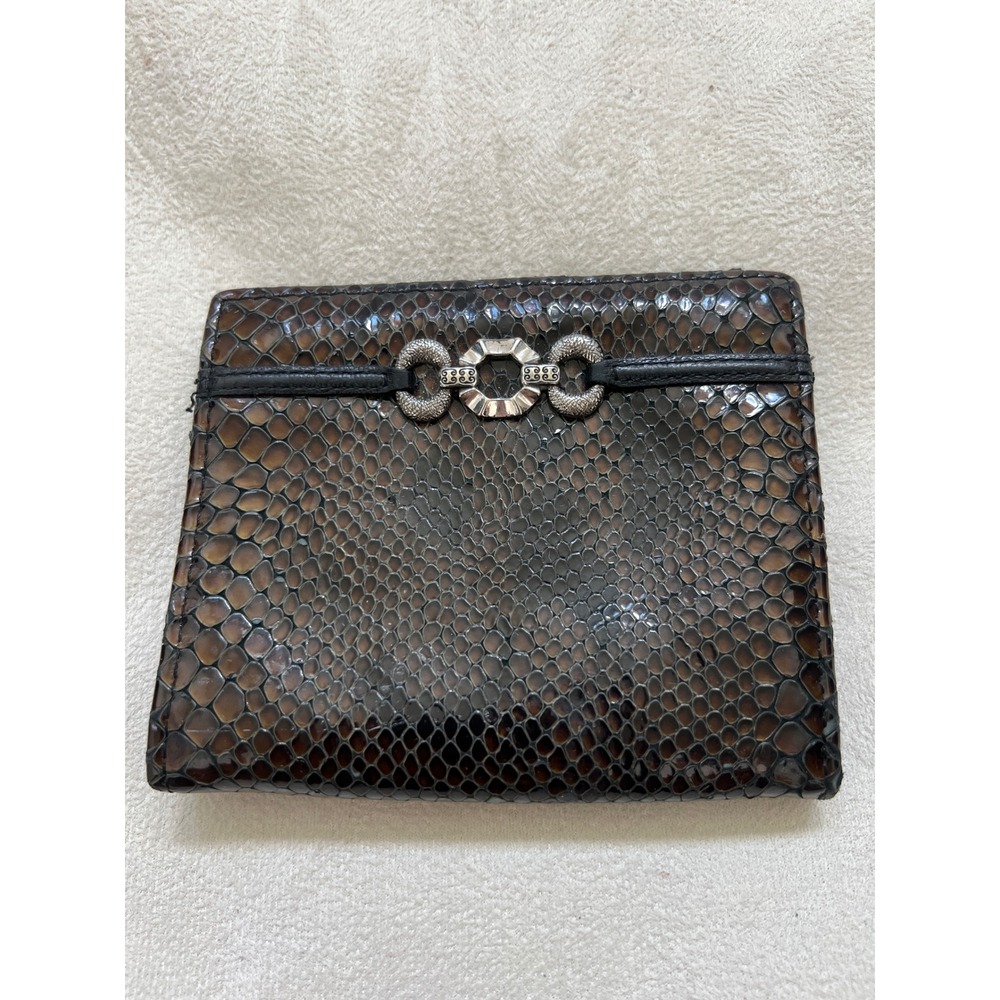 Brighton Brown Snakeskin Embossed Leather Bifold Wallet Silver Hardware Accent